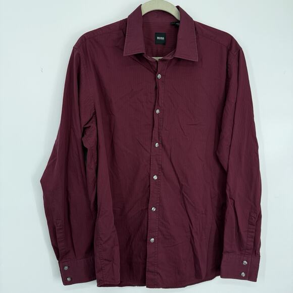 Hugo Boss Lex Button Up Shirt Mens Size Large Burgundy Cotton Long Sleeve - Picture 10 of 10